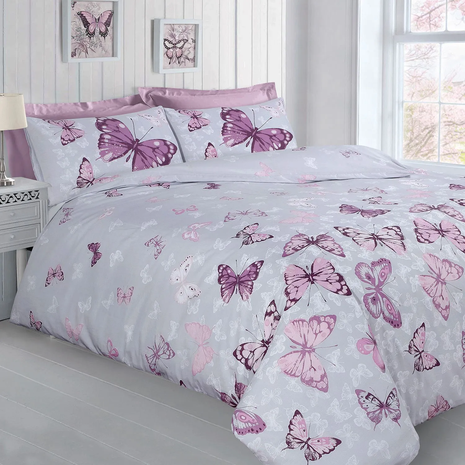 Velosso Butterfly Glaze Cotton Rich Printed Duvet Cover & Pillowcase Set in Grey