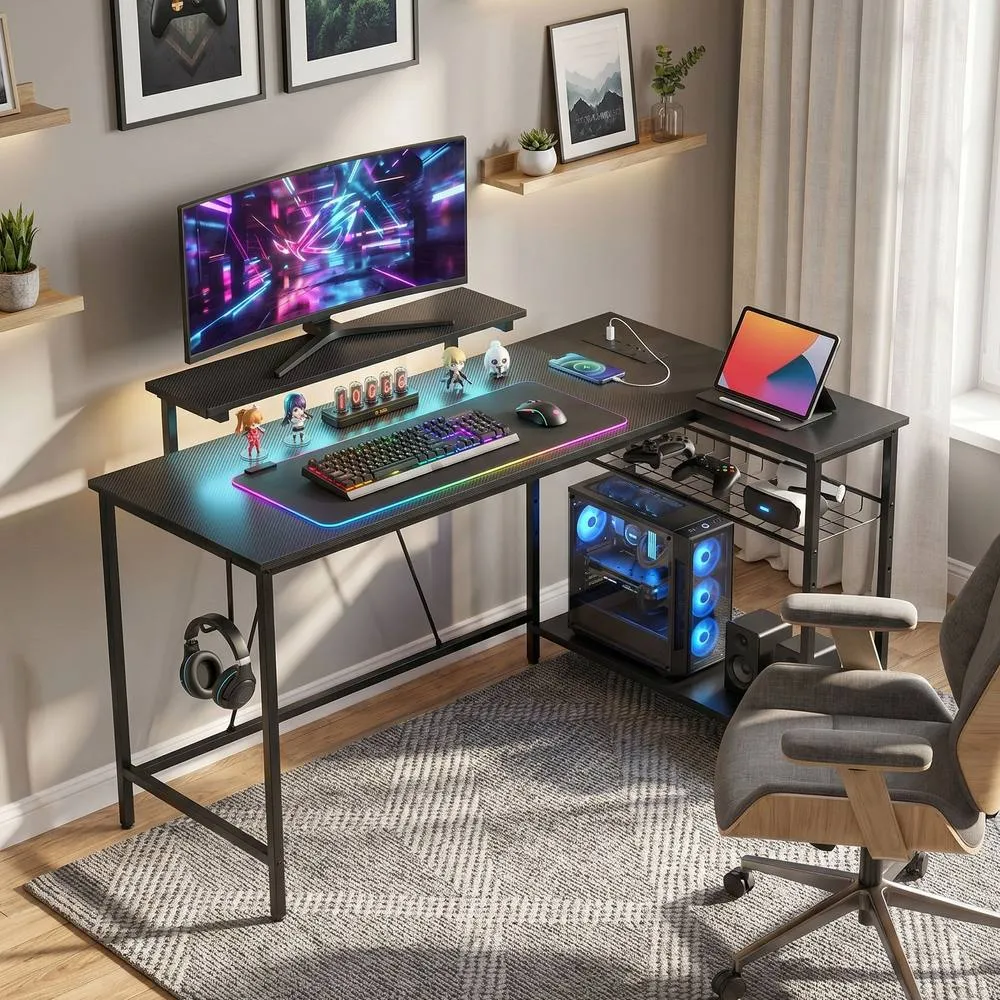 HOMCOM L Shaped Desk with LED Lights & Storage, Black