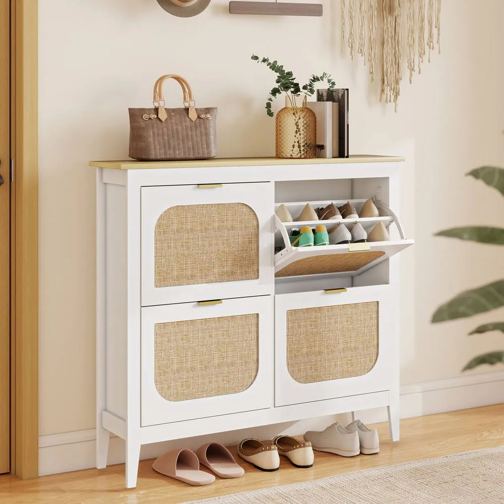 HOMCOM Boho Slim Shoe Cabinet with Rattan Doors, Holds 20 Pairs, White