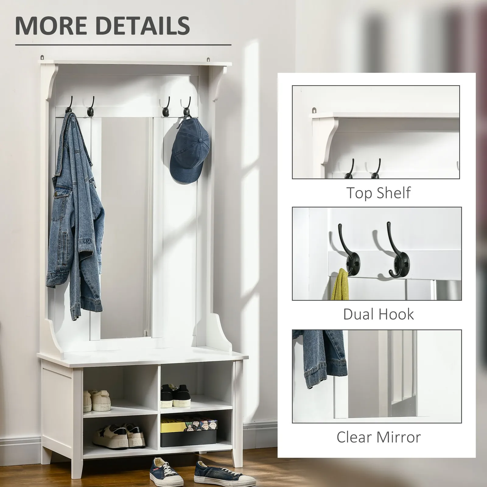 HOMCOM Hallway Furniture Set Shoe Bench Storage Mirror Cabinet Coat Rack in White 5