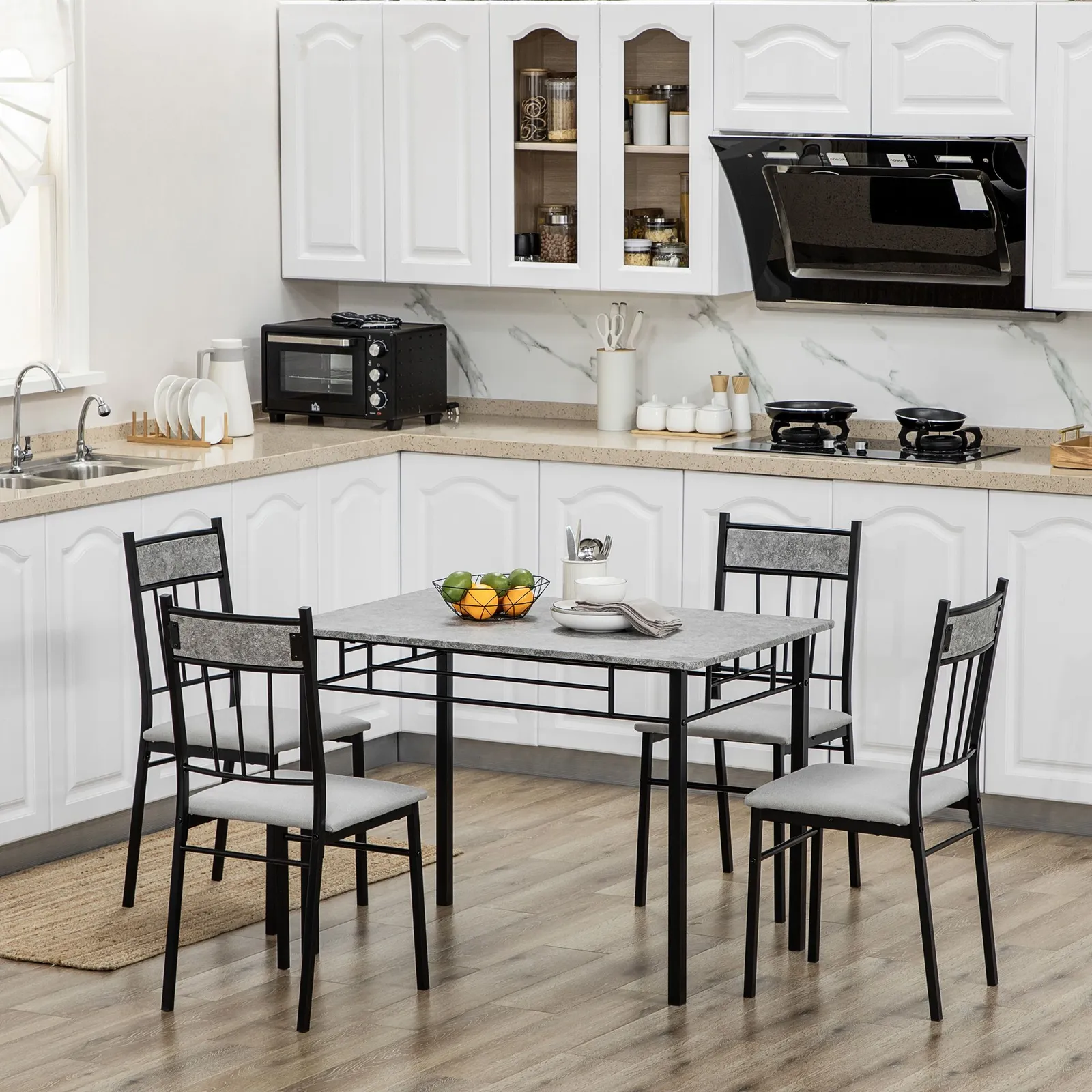 HOMCOM Modern Dining Table & Chairs Set 4 with Padded Seat Metal Frame in Light Grey