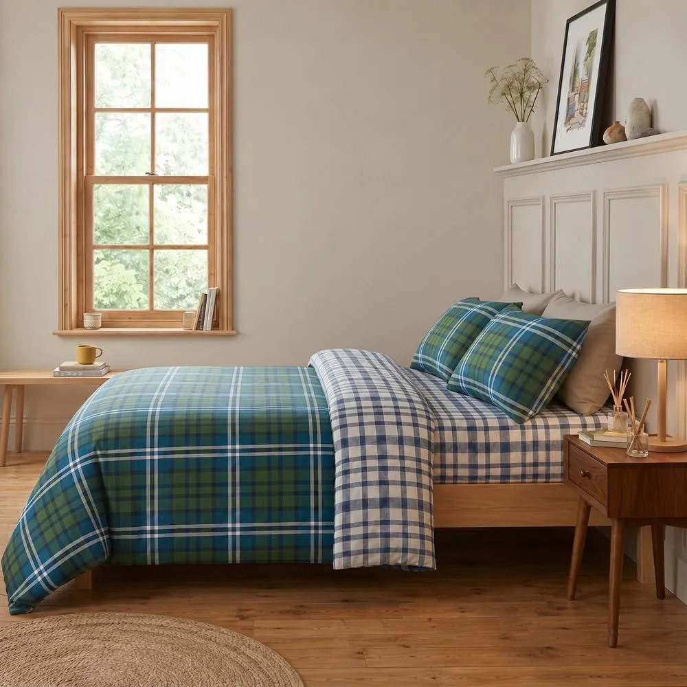 Rapport Home Ross Check Complete Duvet Cover Set with Fitted Sheet & Pillowcases in Green 3