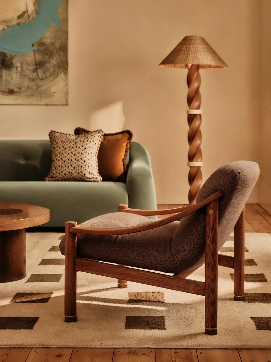 Karine Armchair, Dark Stain, Wool Linen, Cacao