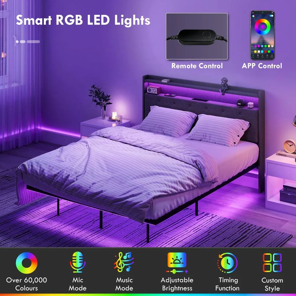 HOMCOM Floating Bed Frame with RGB Lights, Upholstered Double Size Bed, Grey 5