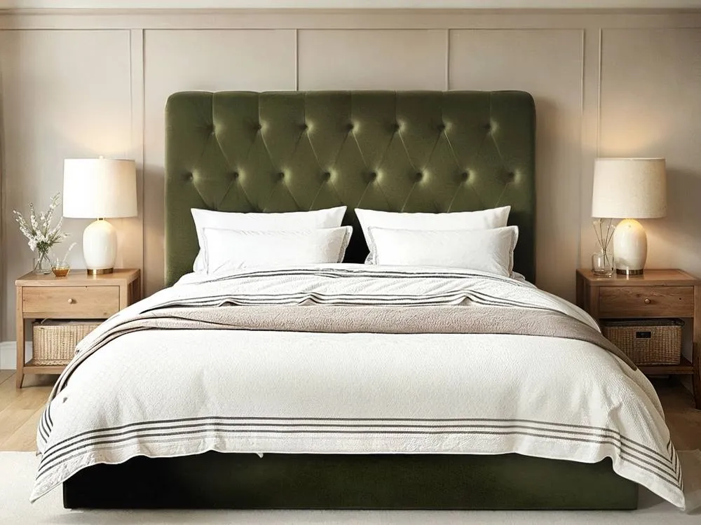 Flair Marley Buttoned Headboard Ottoman Bed Green Velvet 3