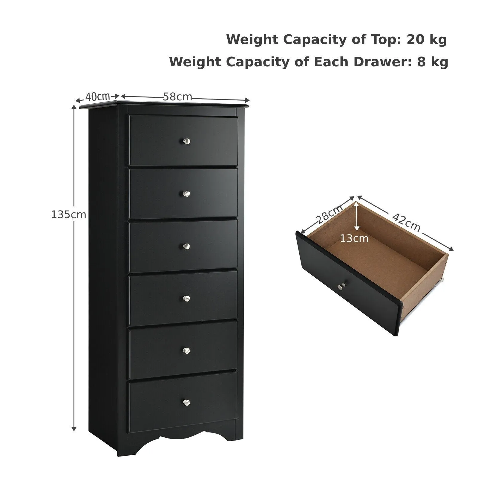 Costway Chest of Drawers Free Standing 6 Drawers Wooden Storage Cabinet W/ Metal Handles in Black 2
