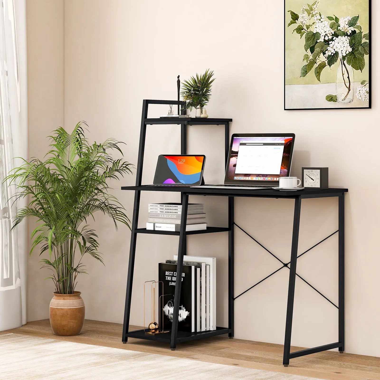 Costway Home Office Desk Computer Desk PC Laptop Table w/ Bookshelf & Host Stand in Black 4