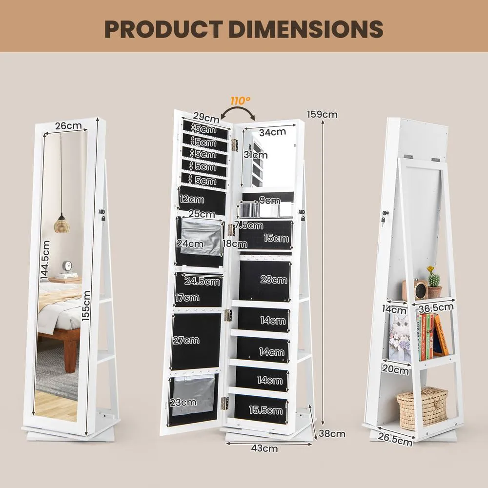 Costway 360° Swivel Jewelry Armoire Standing Organizer Mirror in White 2