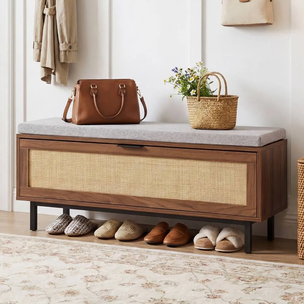 Costway Shoe Storage Bench Entryway Bench w/Padded Cushion&Hidden Shoe Cabinet in Brown 3