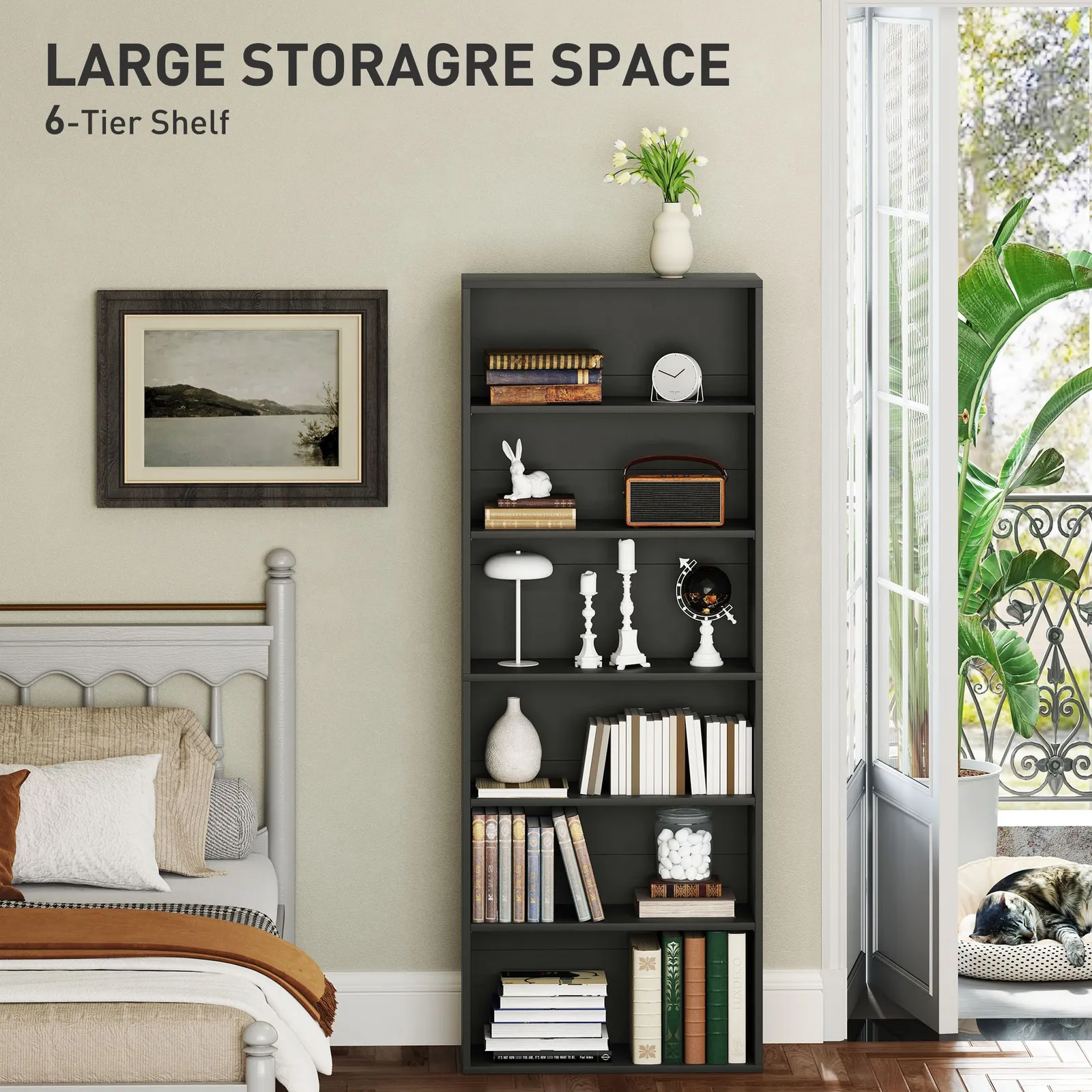 HOMCOM 6 Tier Bookshelf, Freestanding Bookcase with Adjustable Shelves, Black 4