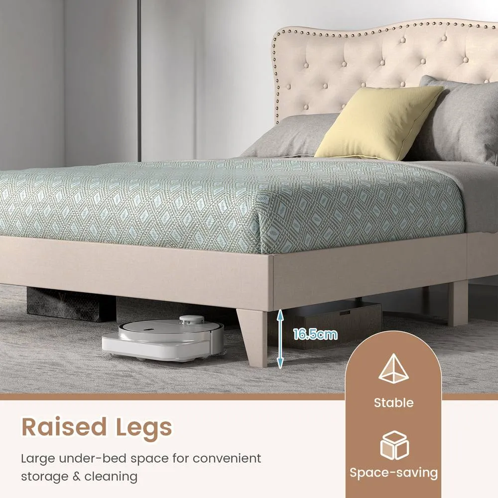 Costway Double Size Bed Frame Wooden Slats Platform w/ Upholstered Headboard in Beige 5