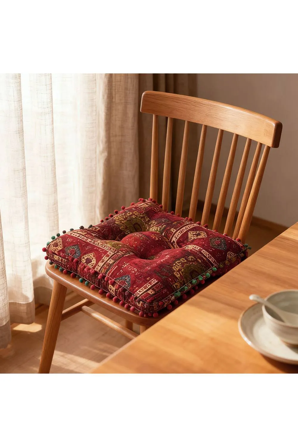 Living and Home Bohemian Patterned Pom-Pom Trimmed Seat Cushion in Red