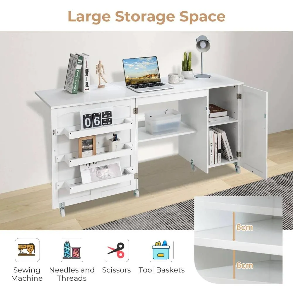 Costway Large Foldable Sewing Table Rolling Drop Leaf Craft Table with Lockable Casters in White 5