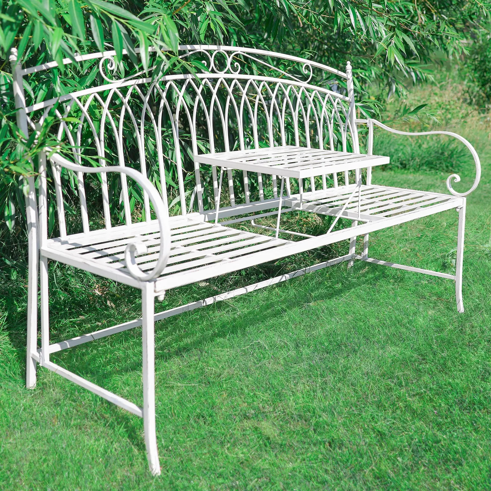 Dibor Vintage Large Cream Arched Outdoor Garden Furniture Companion Seat Garden Bench with Free Set of 2 Blue Box Cushions 2