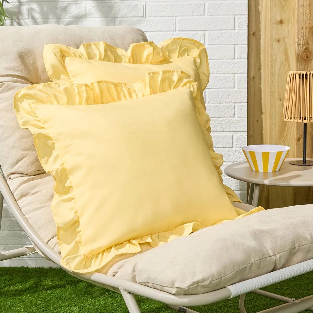 OHS 2 x Plain Faux Linen Frill Cushion Covers in Lemon