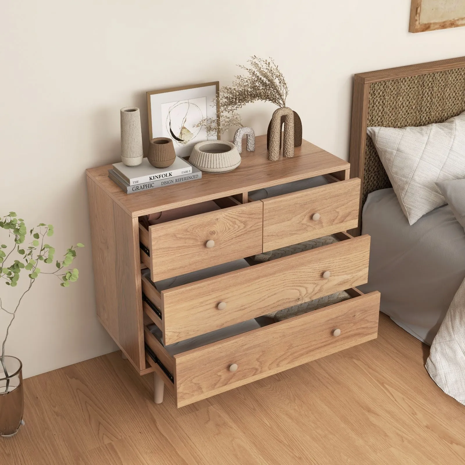 Costway 4-Drawer Chest Storage Cabinet Dresser Freestanding Organizer w/ Anti-tipping Device in Natural 6