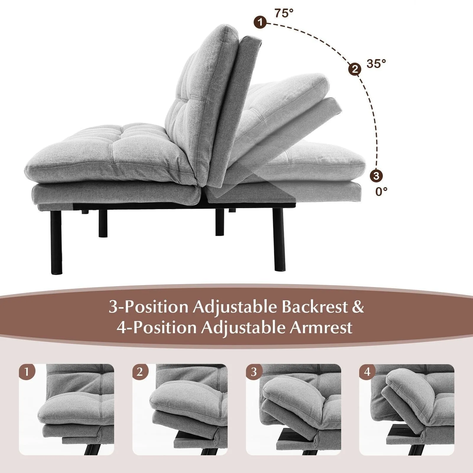Costway 2 Seat Convertible Loveseat Sofa Bed Memory Foam Sleeper Couch 3-level Adjust in Grey 5