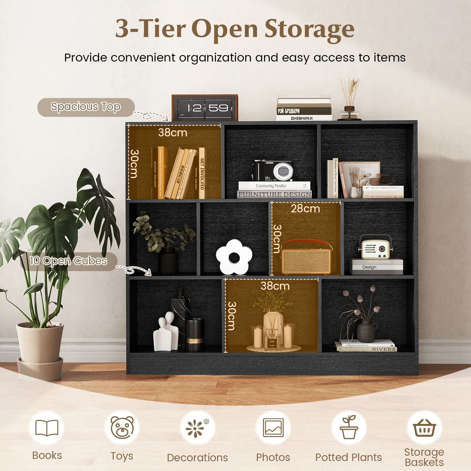 Costway 10-Cube Bookshelf 3-Tier Wood Display Shelf 120cm Storage Organizer in Black 6