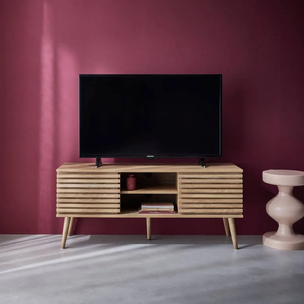 sweeek 120 Cm Scandinavian Tv Unit Grooved Wooden Effect 2 Doors in Light Brown 3