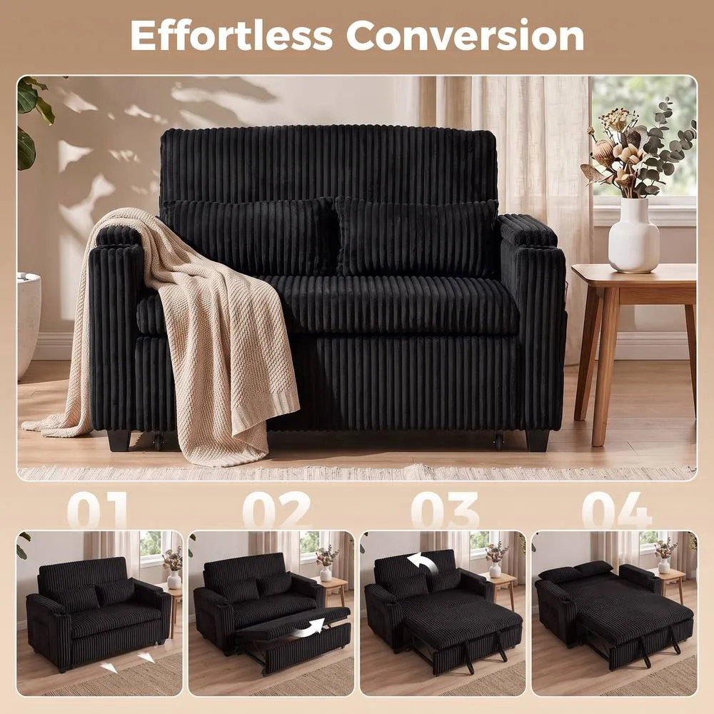 HOMCOM 2 Seater Sofa Bed, 3-in-1 Corduroy Pull Out Sleeper Sofa, Black 4