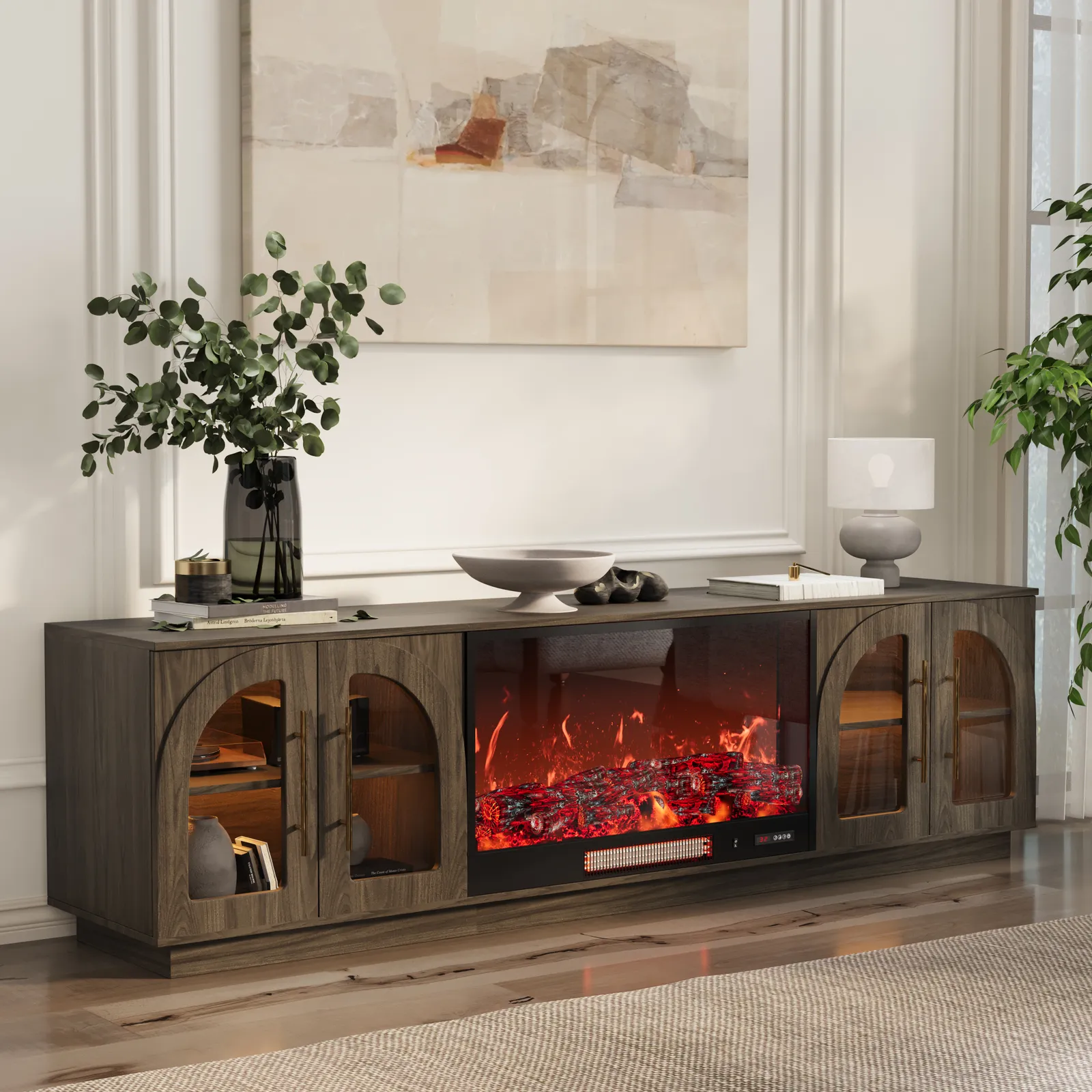 Arune 80" Arched Glass Doors Electric Fireplace TV Stand with Remote Control