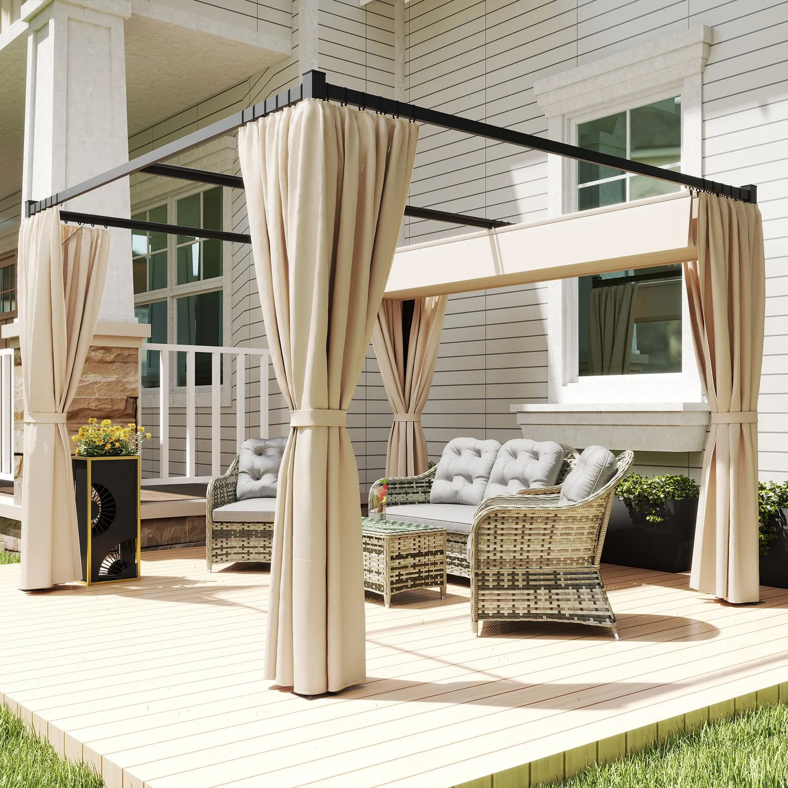 OUTSUNNY 3 x 3(m) Pergola with Retractable Roof & Curtains in Beige