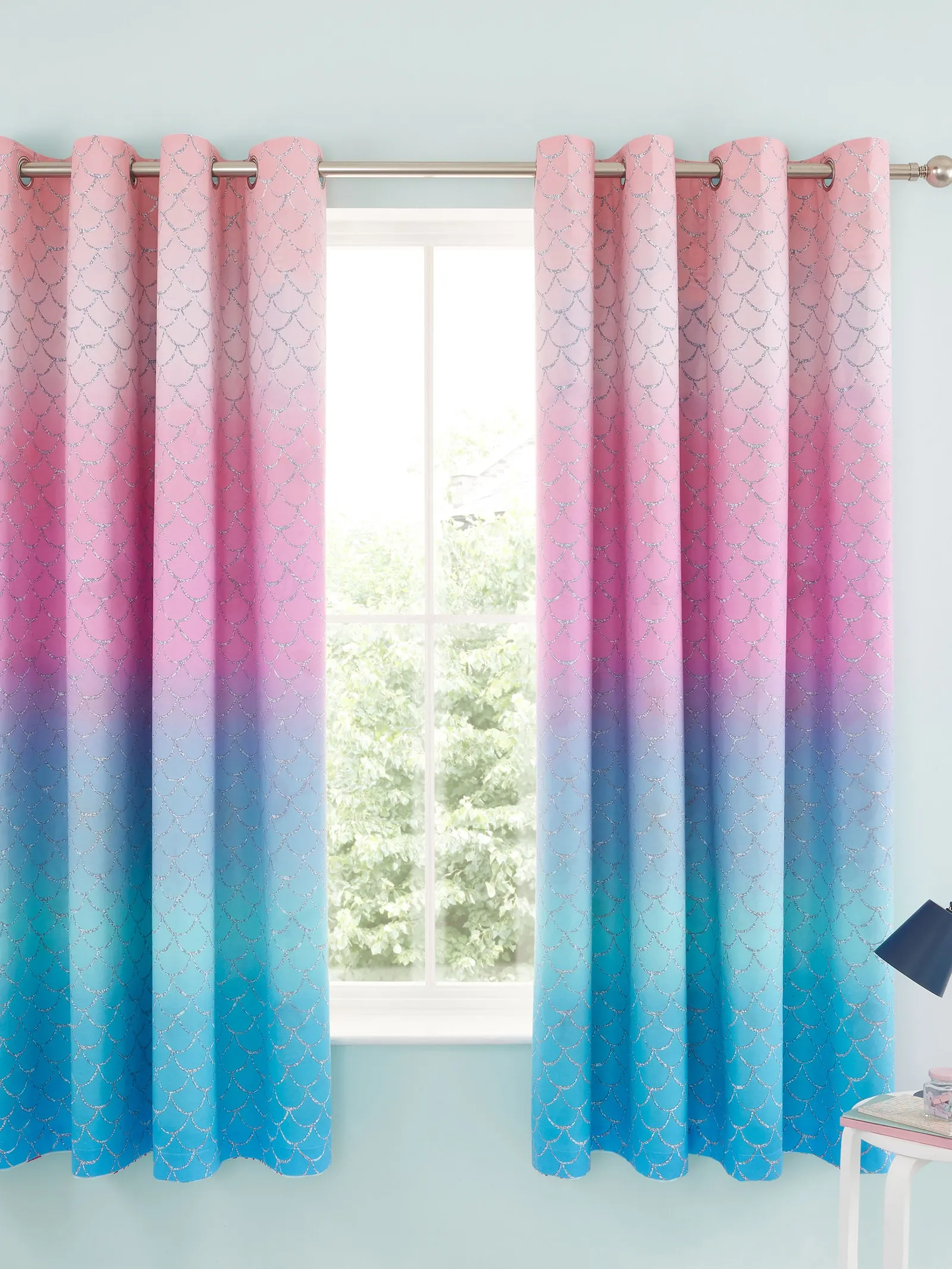 Catherine Lansfield 'Mermaid' Reversible Lined Eyelet Curtains Two Panels in Blue 2