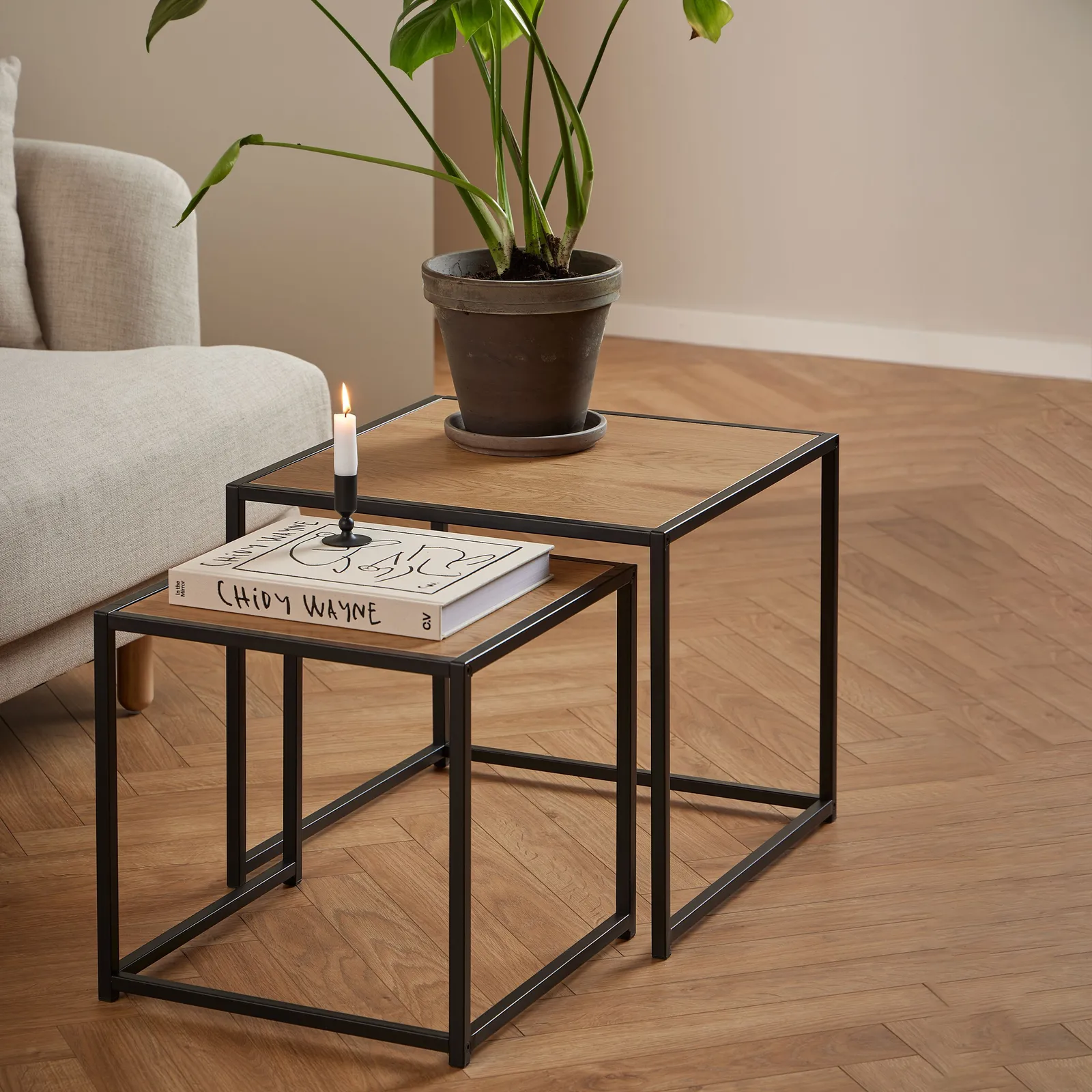 Furniture To Go Seaford Black Metal Nest of Tables with Oak Top in Brown 5