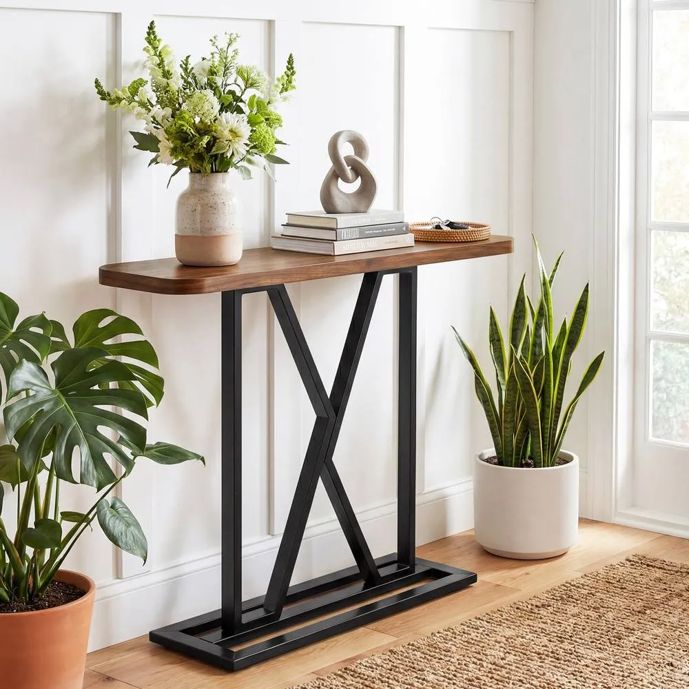 Costway Console Table 100 cm Rectangular Entryway Table Brown 3