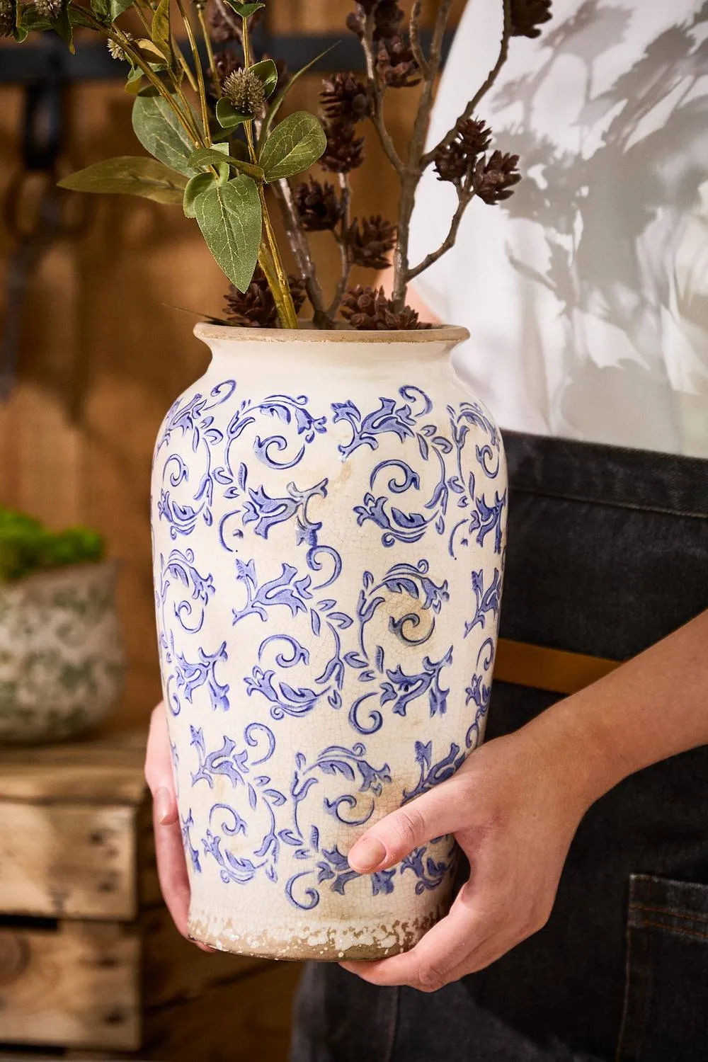 Dibor Vintage Solene Blue Small Botanical Flower Urn Vase H29 x Dia16cm in Cream