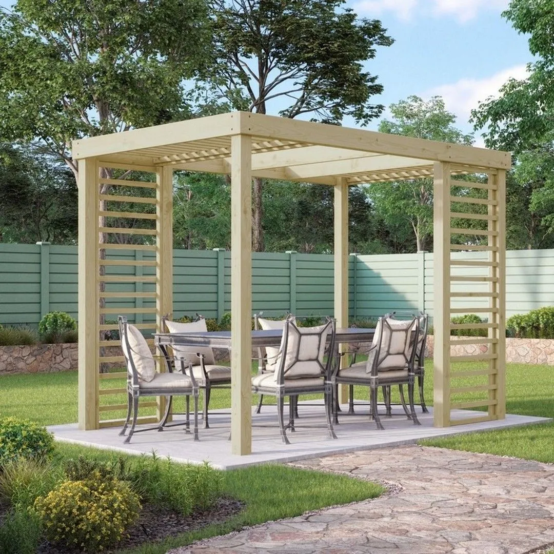 Rutland County Garden Furniture Ltd Panel Pergola - Wood - L300 x W420 cm - Rustic Brown in Light Green 1
