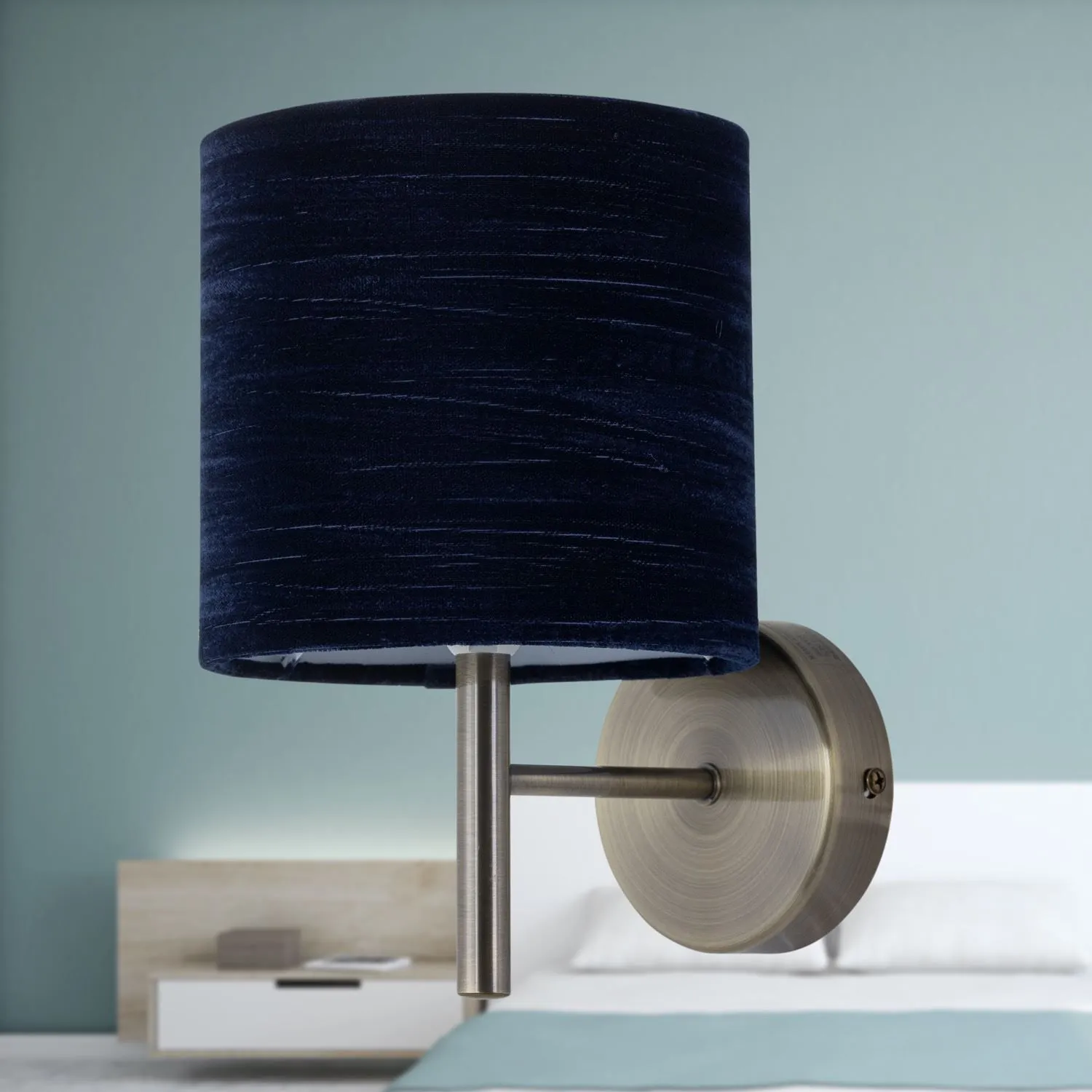 First Choice Lighting Brea - Antique Brass Wall Light with Navy Blue Crushed Velvet Shade in Gold 3