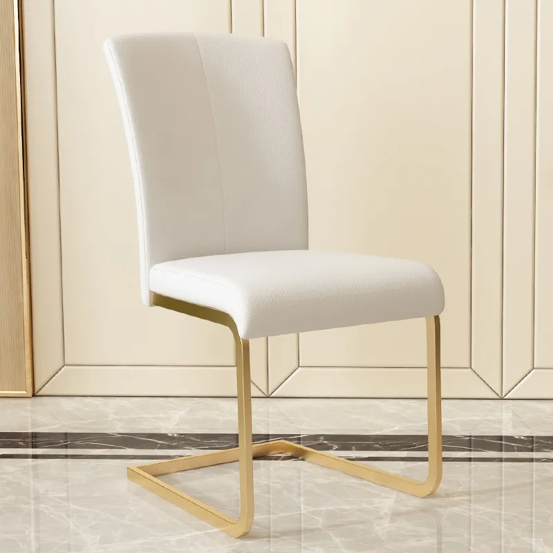 Modern Minimalist Dining Chairs Upholstered PU Leather White Gold Metal Base Set of 2 Dining Room Chairs
