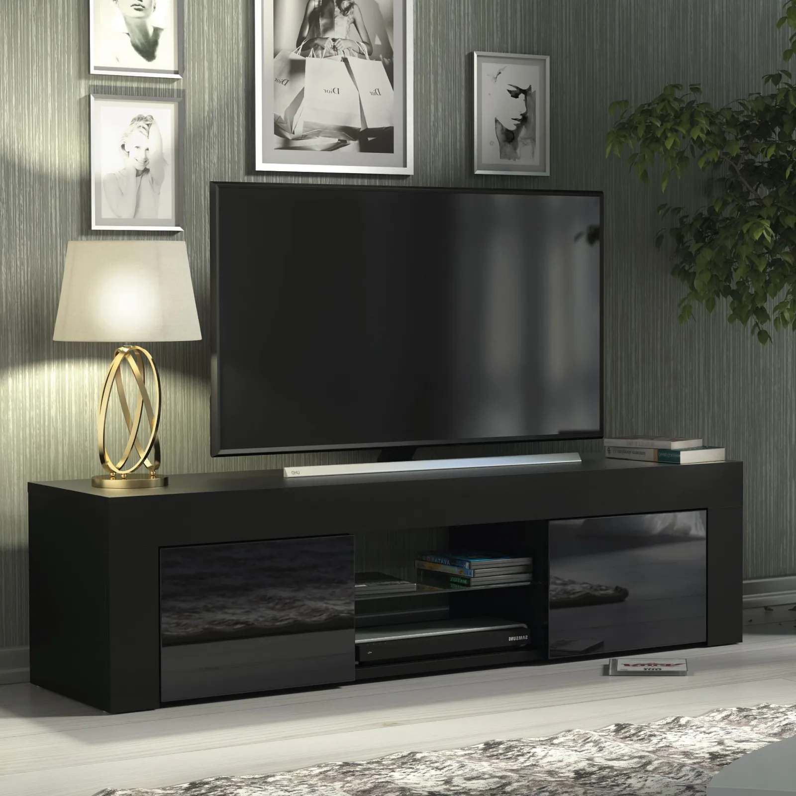 Creative Furniture TV Unit 130cm Modern - Black with High Gloss Doors 6