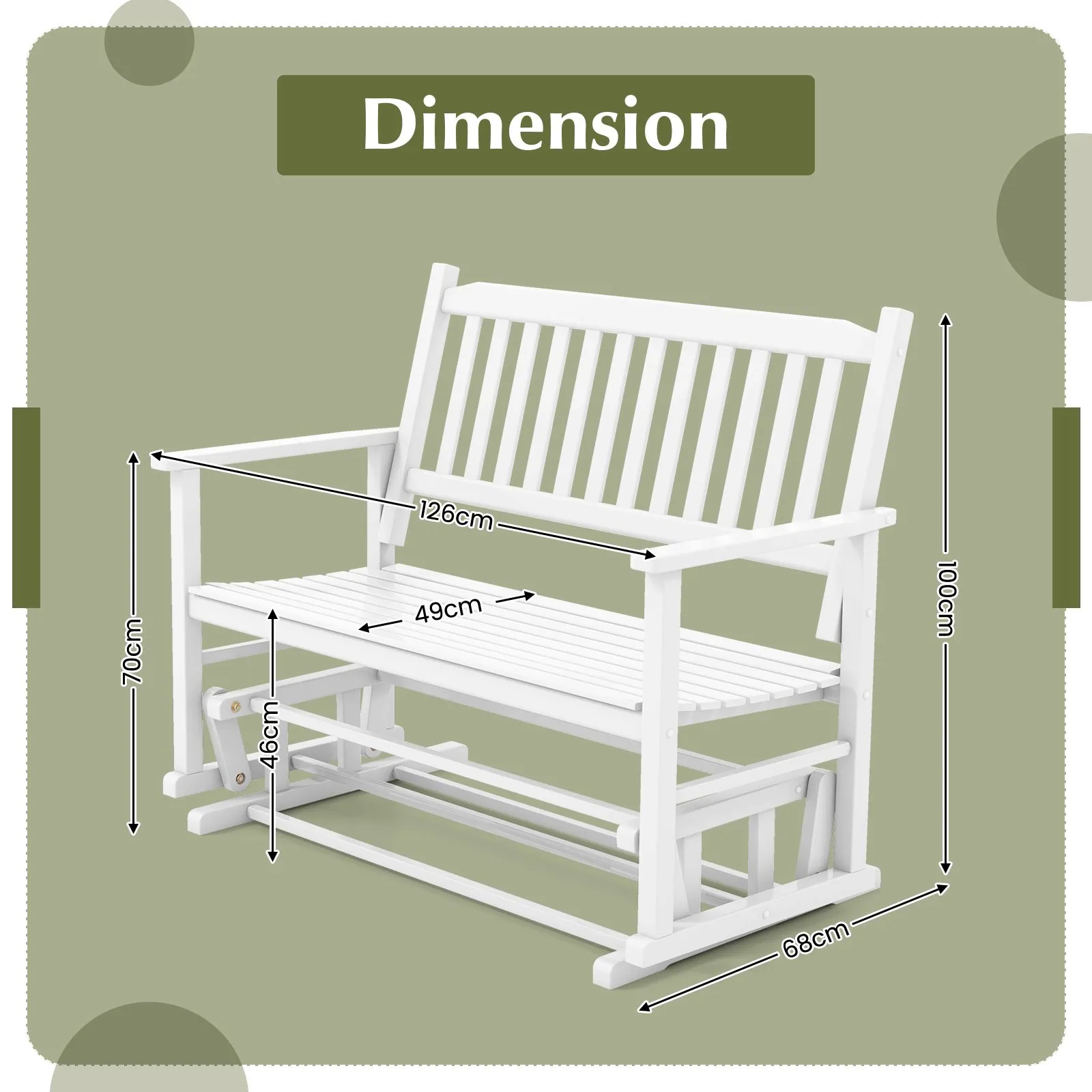 Costway 2 Seats Outdoor Glider Bench Poplar Wood Patio Swing Glider Loveseat Chair with Armrests in White 5