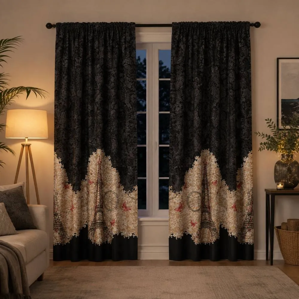 Smart Living Oooh La La Curtains Pair with Tie Backs - Eiffel Tower Print in Black 2