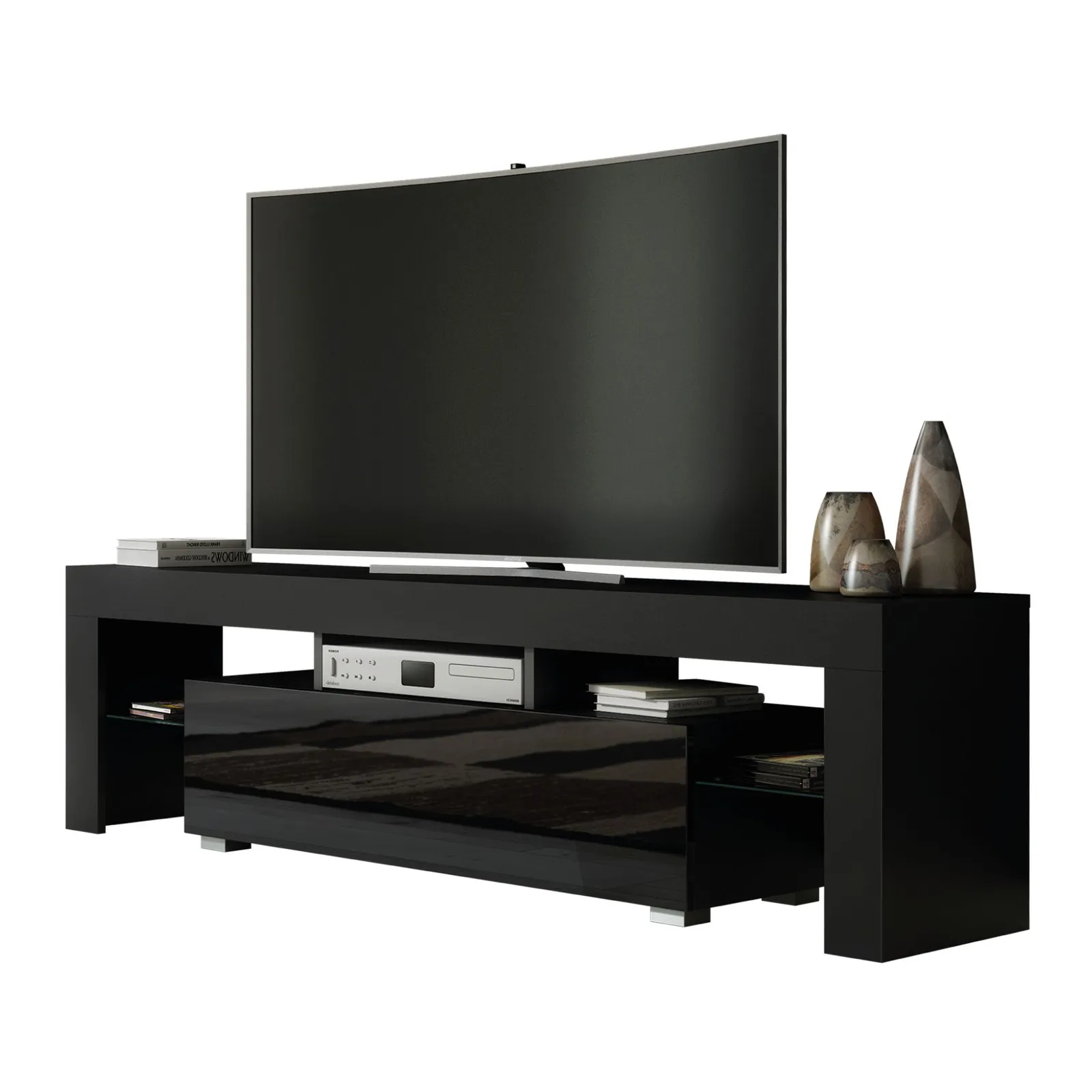 Creative Furniture TV Unit 160cm Stylish Modern - Black with High Gloss Doors 5