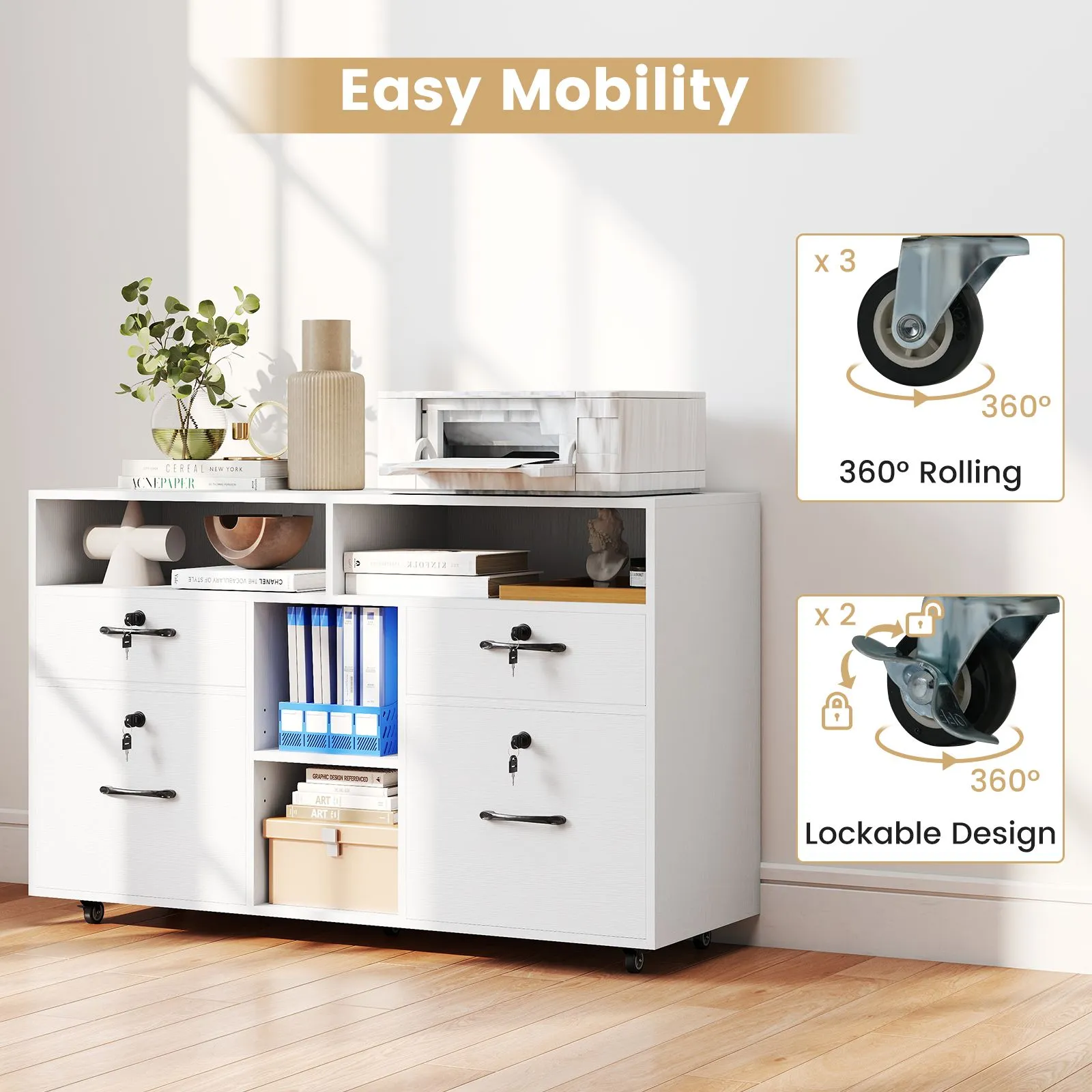 Costway File Cabinet Mobile Lateral Filing Storage Organizer with Lock in White 6