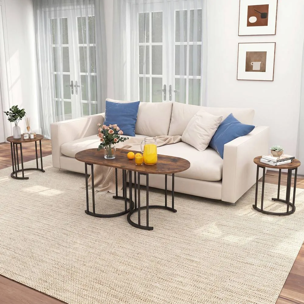 Costway 3PCS Nesting Coffee Table Set 110cm Coffee Table w/ 2 Side Tables in Brown 6
