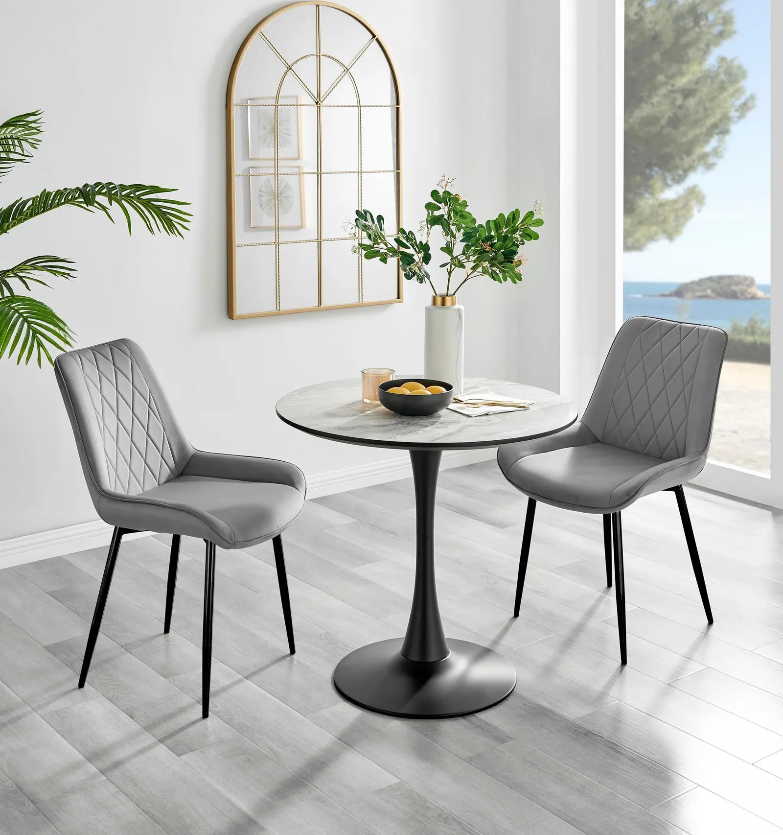 FurnitureboxUK Elina White Marble Effect Scratch Resistant Dining Table & 2 Pesaro Black Leg Velvet Chairs in Grey 1