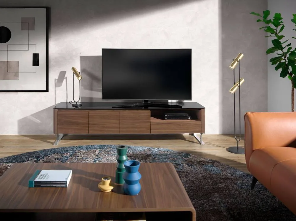 Angel Cerda Walnut TV Unit with Black Tempered Glass Top & Chrome in Brown 3