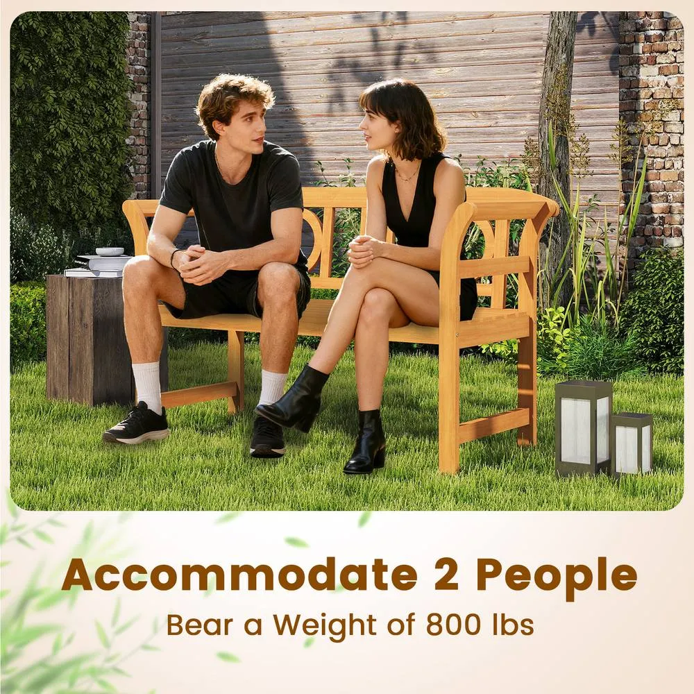 Costway Outdoor Bench Acacia Wood 2-Person Patio Loveseat w/Backrest& Armrests in Natural 2