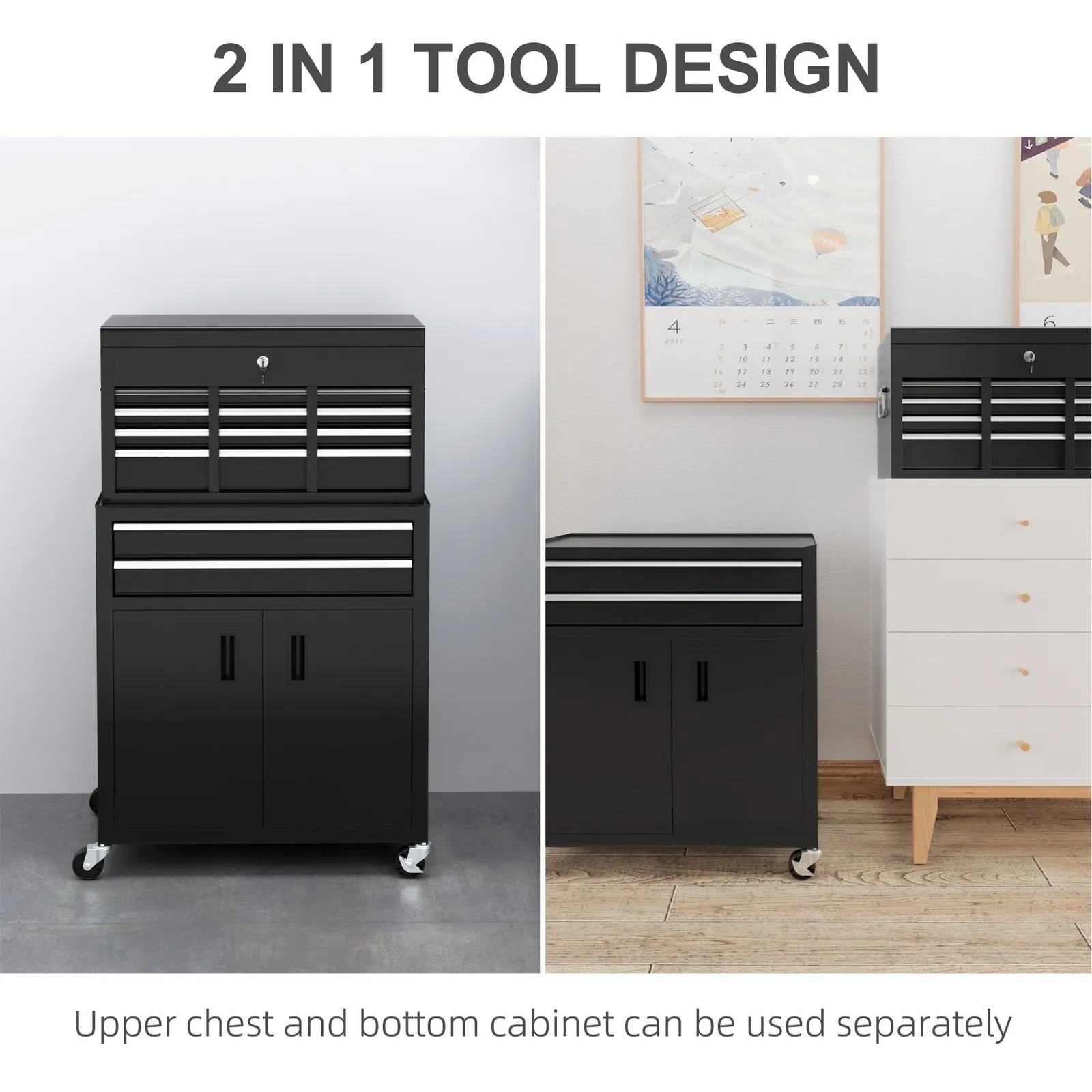 HOMCOM Top Chest & Roller Cabinet Combo Metal Tool Cabinet on Wheels Black 4