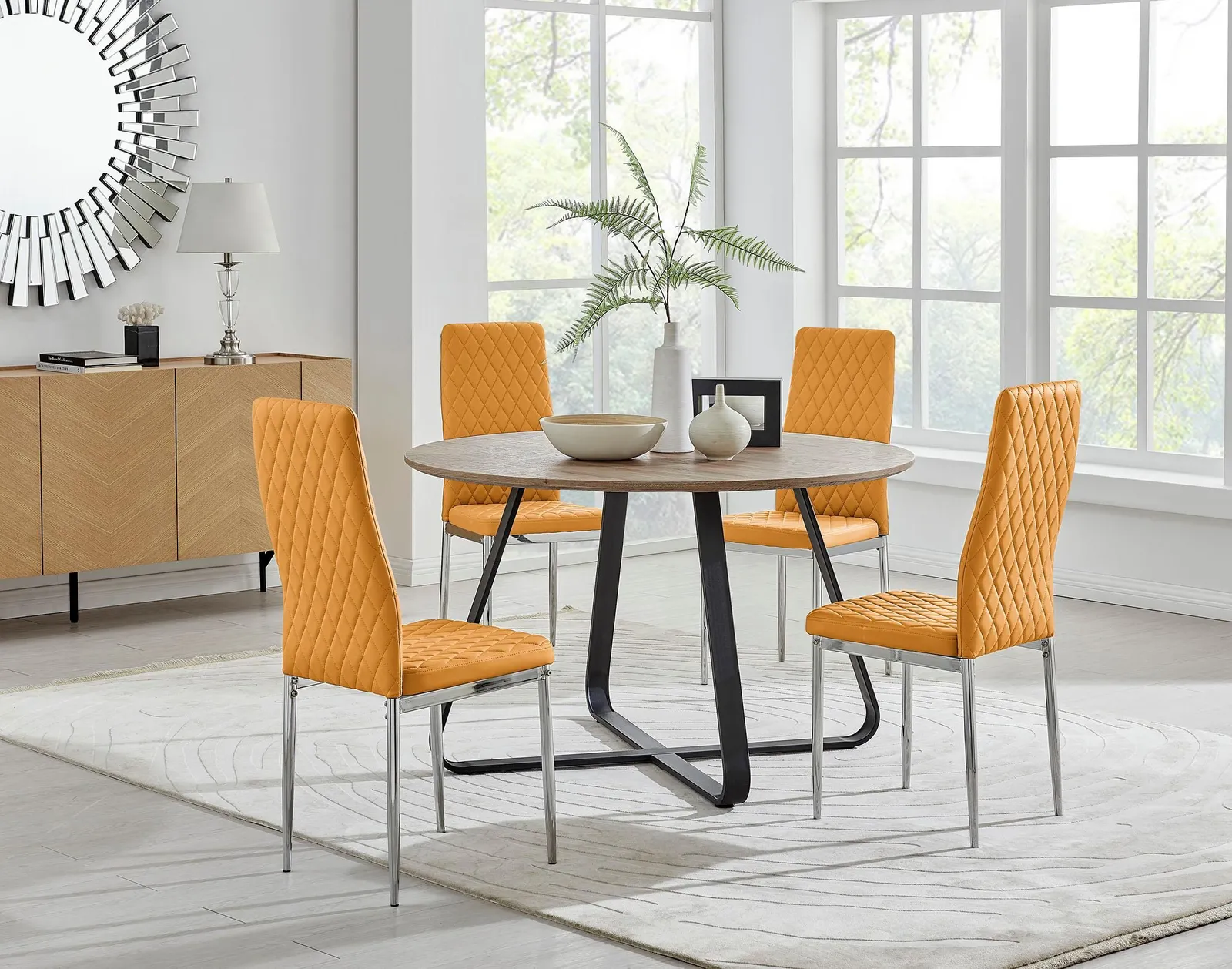 FurnitureboxUK Santorini Brown Wood Contemporary Round Dining Table & 4 Milan Chairs Set in Mustard