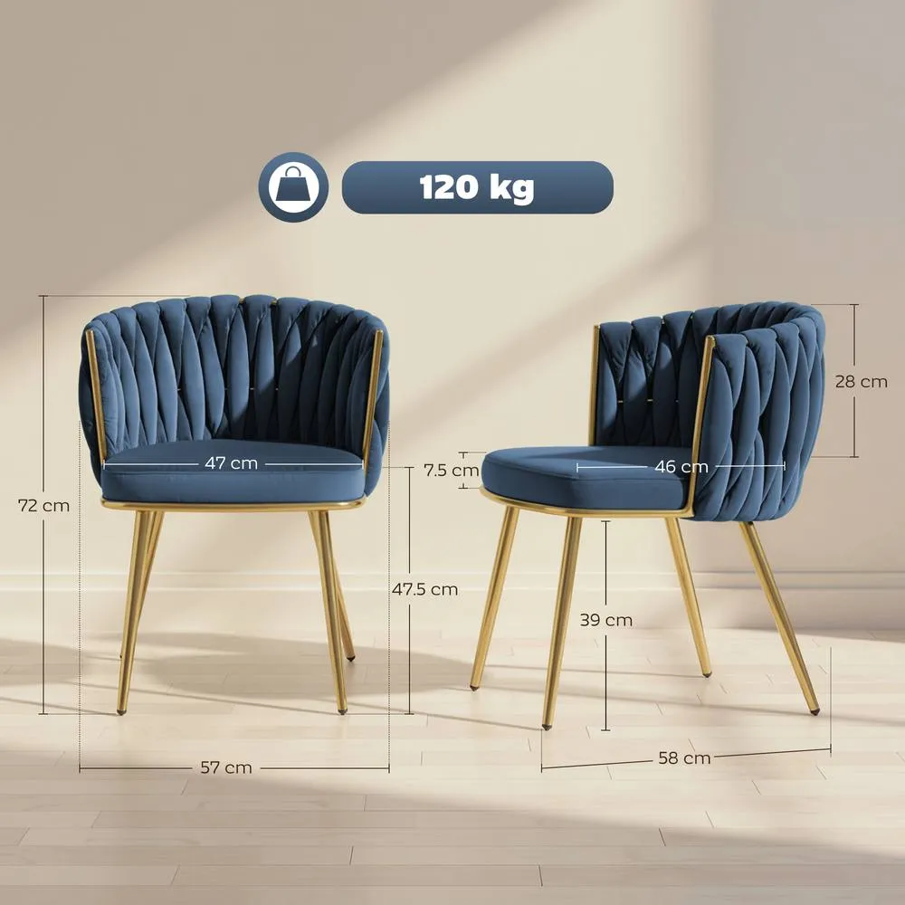 HOMCOM Upholstered Kitchen Chairs Set of 2 with Woven Backrest in Dark Blue 3