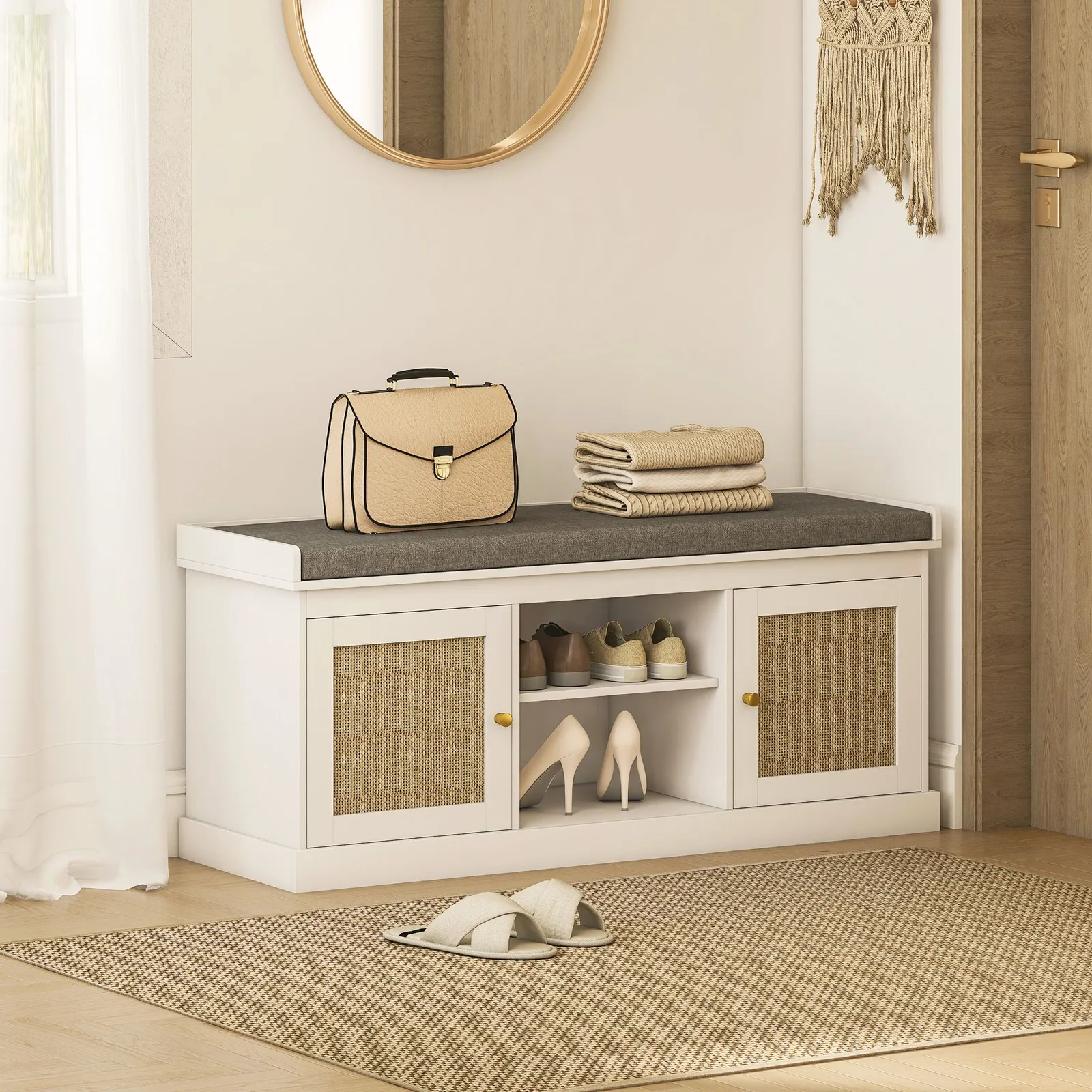 HOMCOM Shoe Bench, Boho Shoe Storage Bench with Padded Cushion, White
