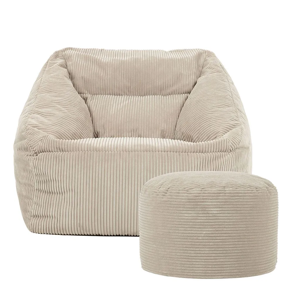 icon Corduroy Bean Bag Armchair & Round Beanbag Footstool in Natural