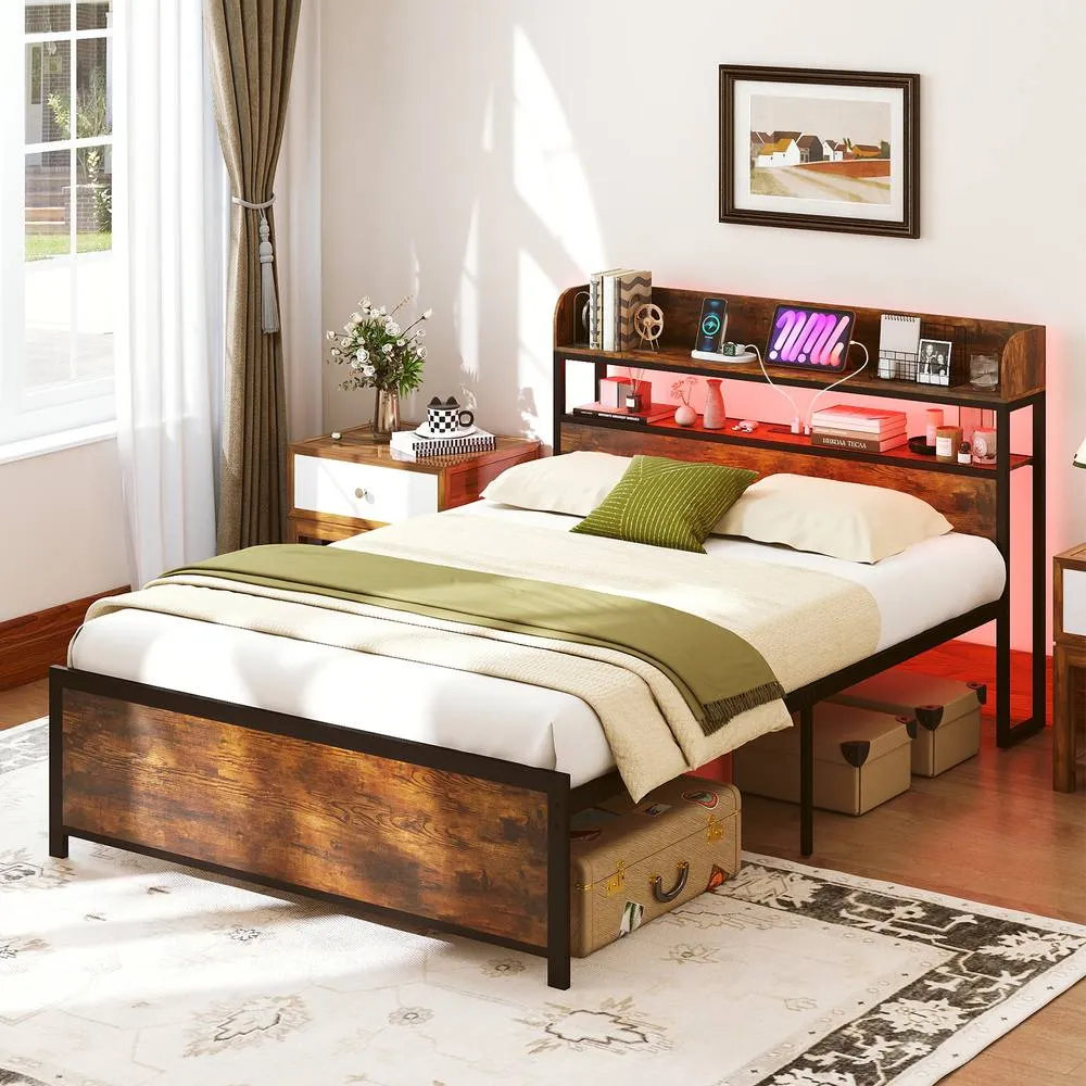 Costway Double Bed Frame w/LED Lights & Power Outlets Platform Bed w/Headboard in Brown