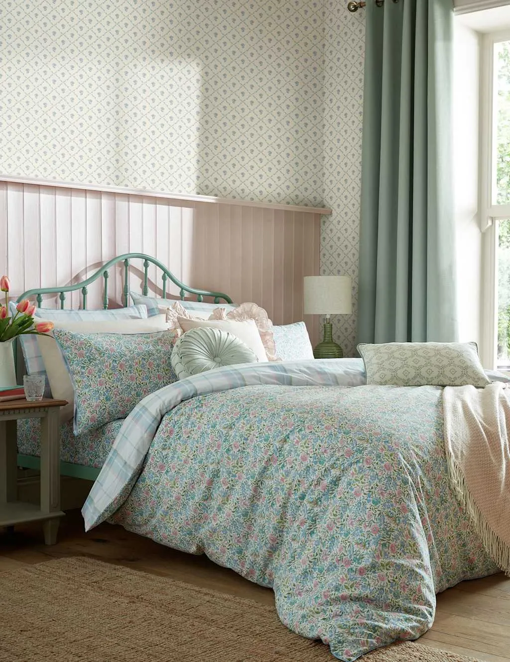 Laura Ashley Pure Cotton Sherston Reversible Bedding Set Blue Mix