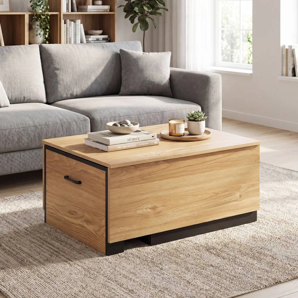 Costway Wooden Rectangle Extendable Coffee Table with Sliding Tabletop in Natural 4